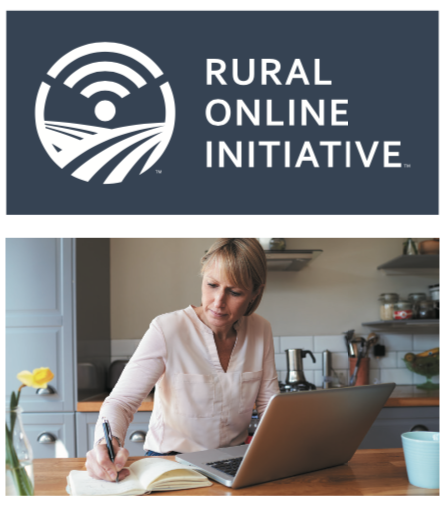 rural online initiative logo and woman writing in a notebook