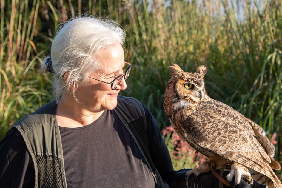A person holds an owl on their arm