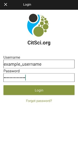 screenshot of CitSci app login page