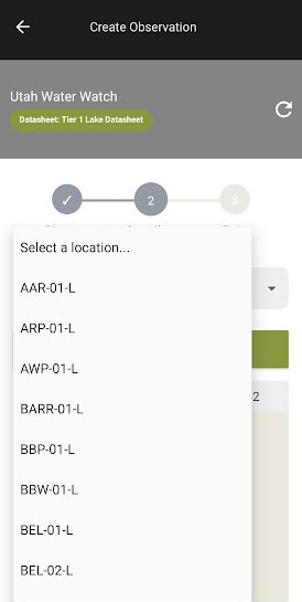 screenshot of the select location drop down on CitSci app