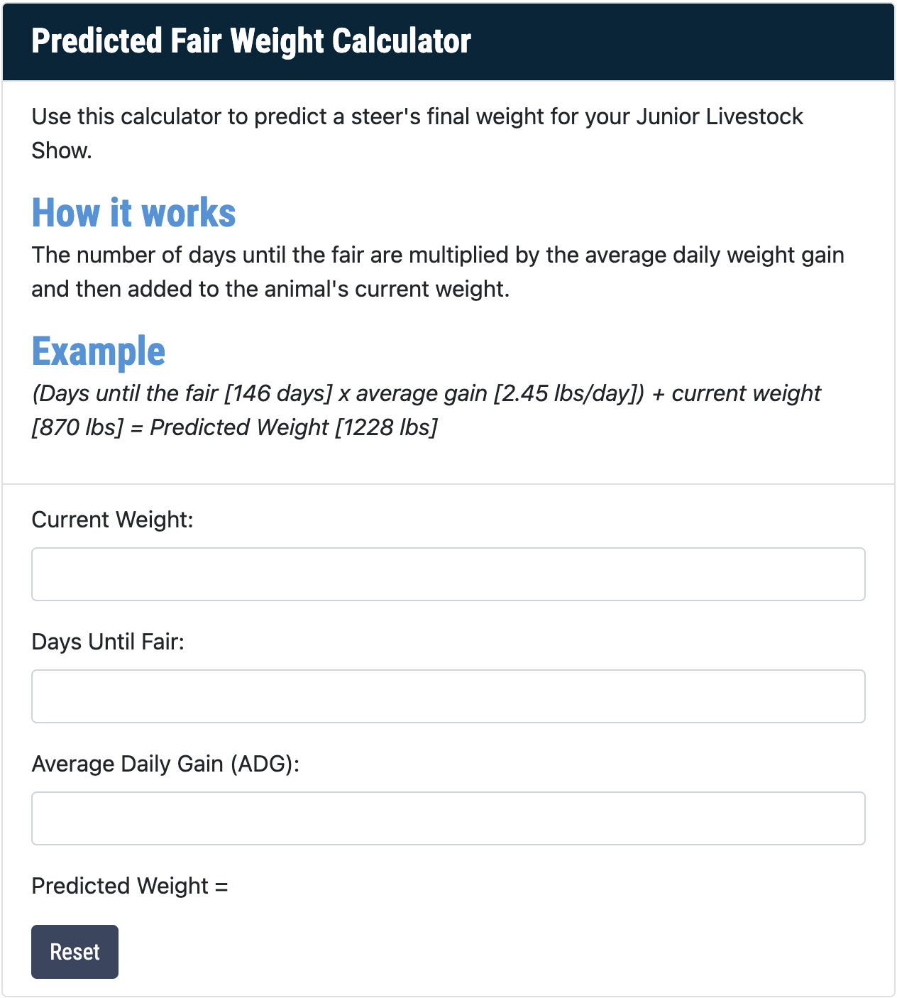 screen shot of predicted fair weight calculator