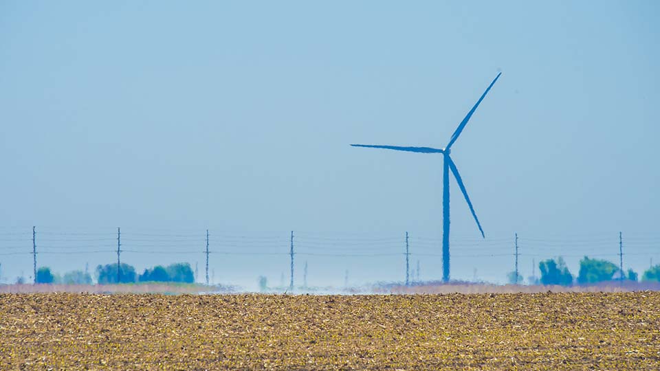 Cultivated field with wind turbine in background