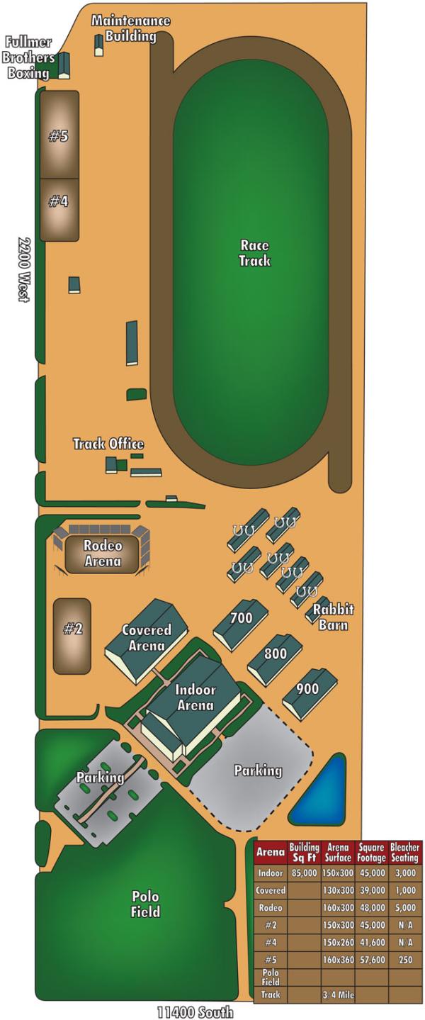map of the bastian agricultural center and all of it's arenas, buildings, fields, and tracks.