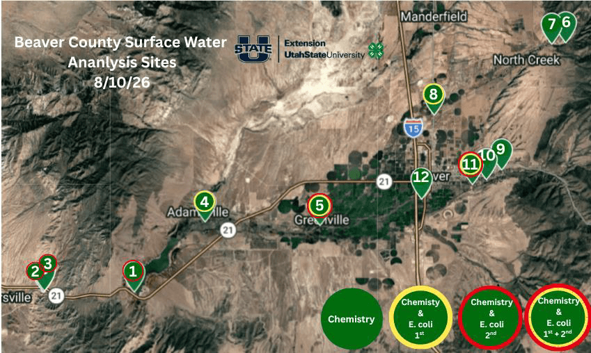 Map of Beaver County showing surface water analysis sites along the Beaver River and North Creek