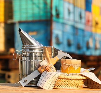 A collection of supplies to harvest honey