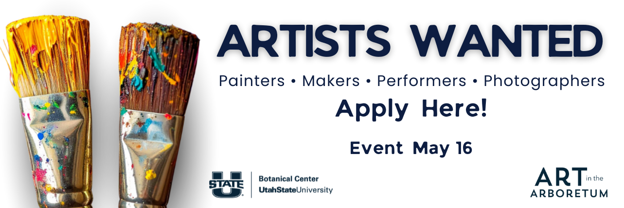 white background with artist paintbrush tips dipped in paint. Dark blue words that say artists wanted