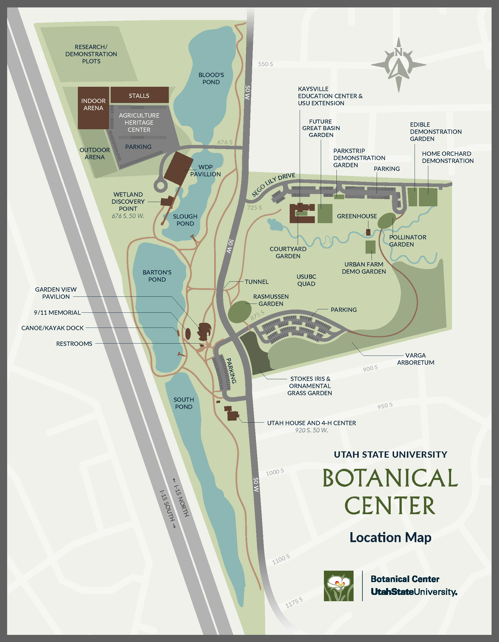 Image of the map of the USU Botanical Center with labels for individual gardens