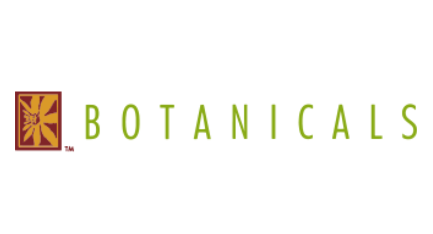 Botanicals logo with a golden-yellow flower design inside a maroon square, next to the word "Botanicals" in widely spaced green capital letters.