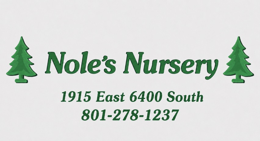 Nole's Nursery logo with the name in bold green script lettering between two illustrated green evergreen trees. Below the name are the address, 1915 East 6400 South, and the phone number, 801-278-1237.