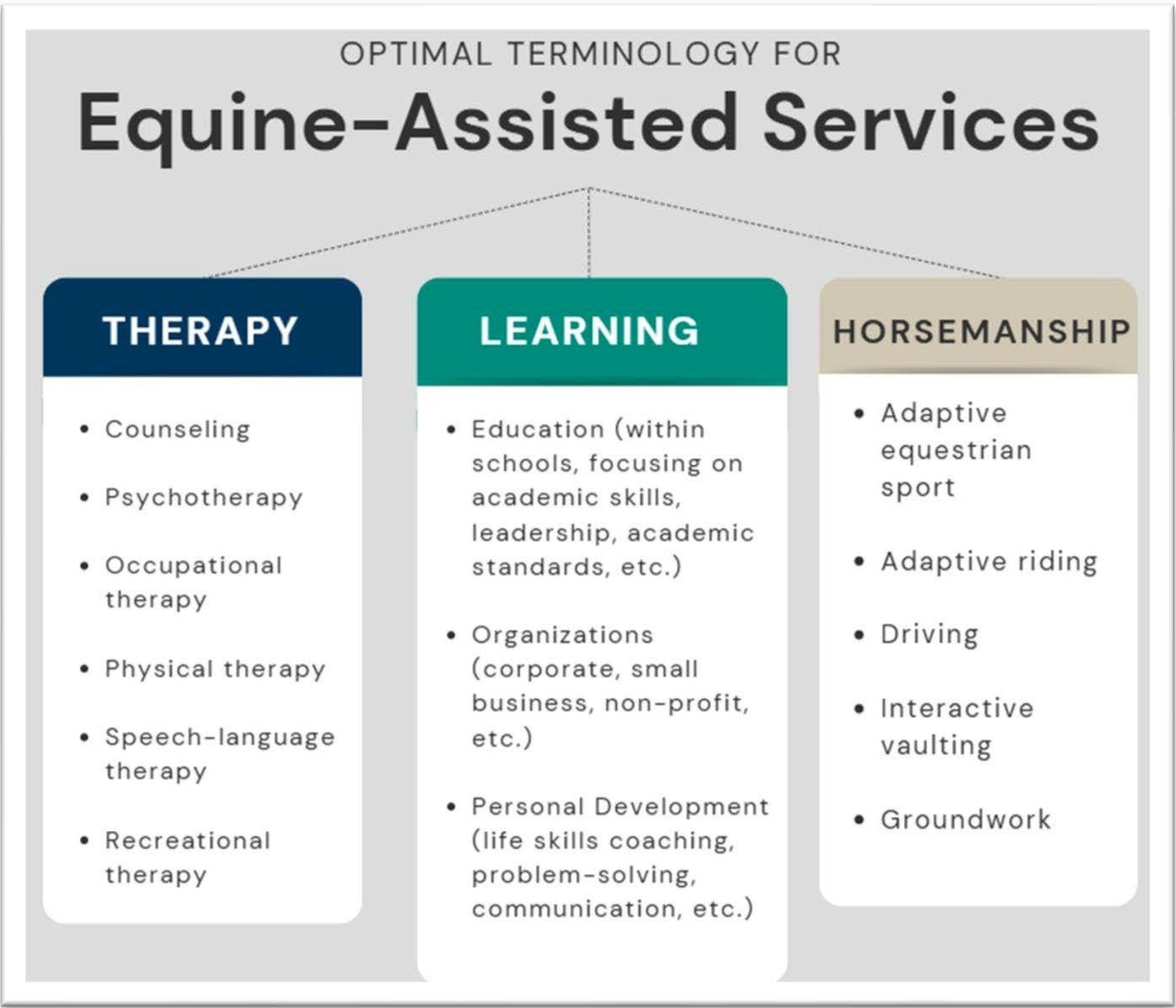 The image titled “Optimal Terminology for Equine-Assisted Services” presents three categories: Therapy, Learning, and Horsemanship. Therapy includes counseling, psychotherapy, occupational, physical, speech-language, and recreational therapy. Learning focuses on education in schools, organizational training for businesses or nonprofits, and personal development such as life skills coaching and communication. Horsemanship includes adaptive equestrian sports, adaptive riding, driving, interactive vaulting, and groundwork.
