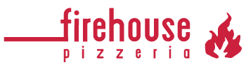 Logo titles "Firehouse Pizzaria" in red with a flame to the right. 