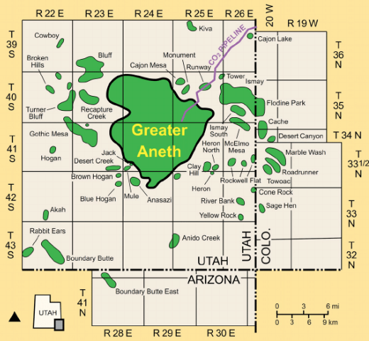 Map of greater aneth and carbon dioxide supply pipeline