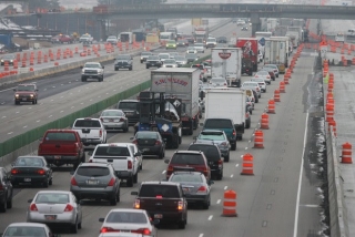 Lines of cars waiting in traffic on the freeway