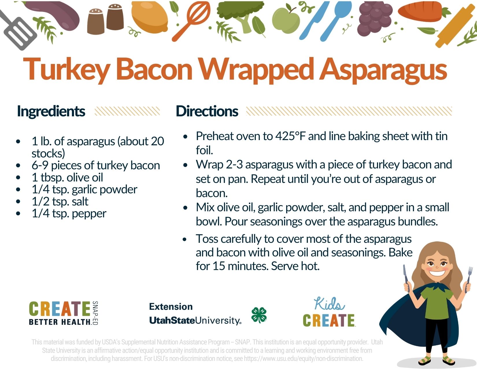 recipe card for turkey bacon wrapped asparagus 