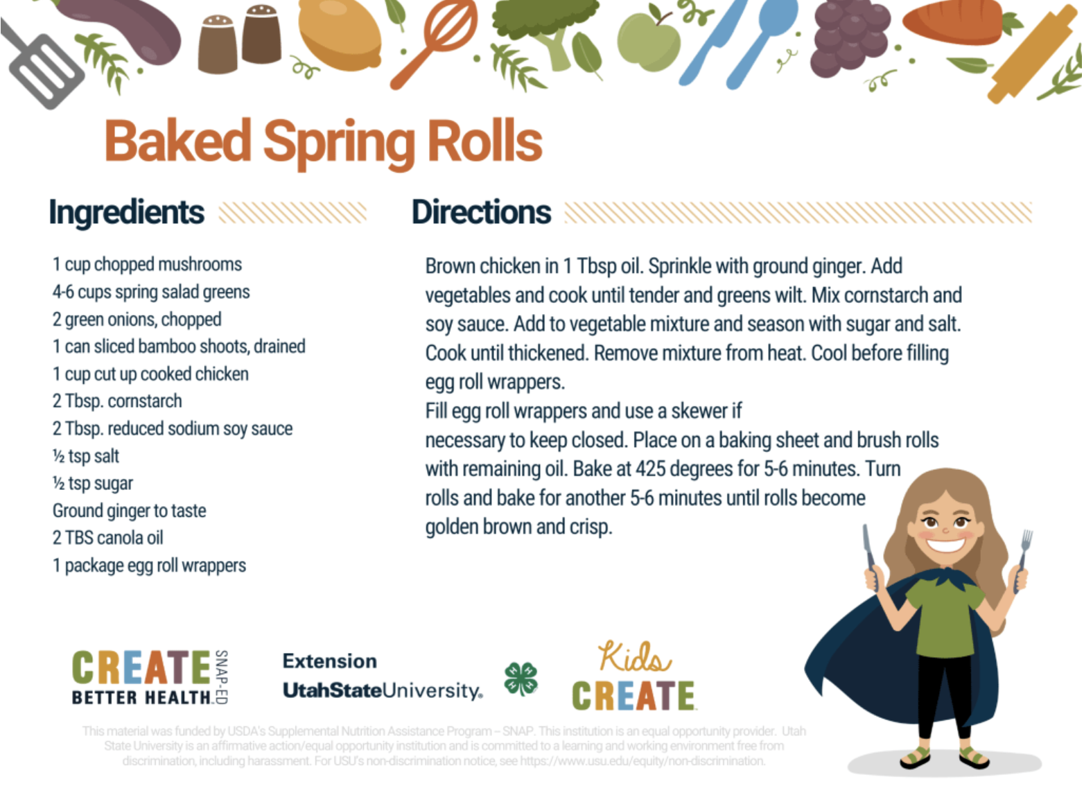 recipe card for baked spring rolls