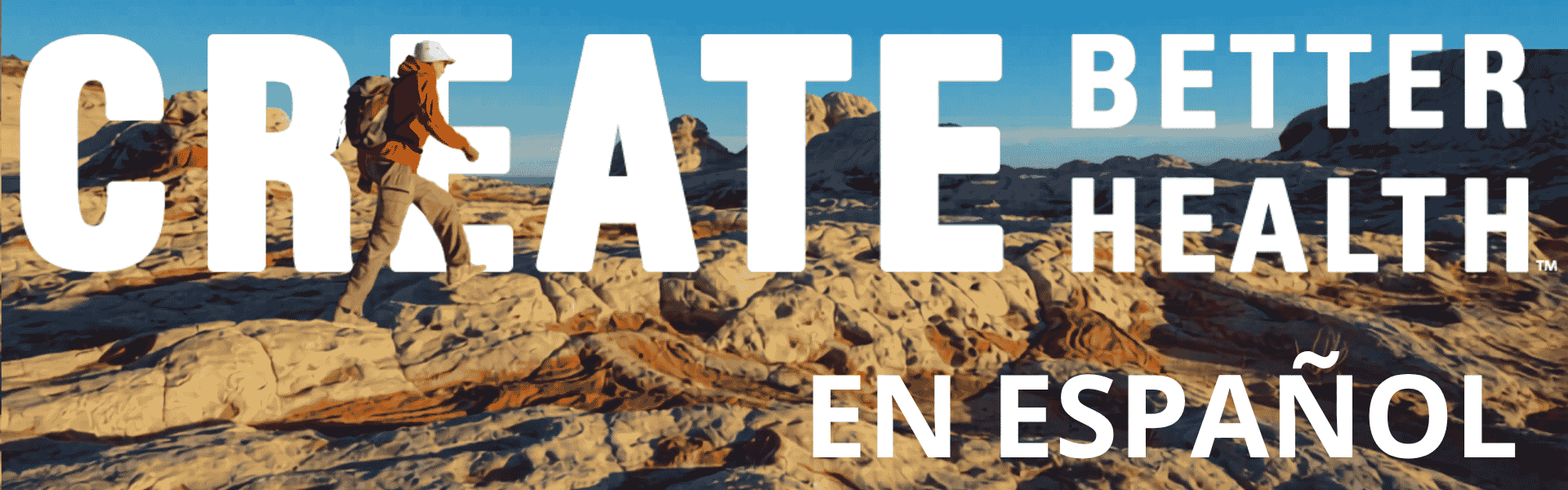 hiker climbing Utah mountains with Create Better Health logo in white