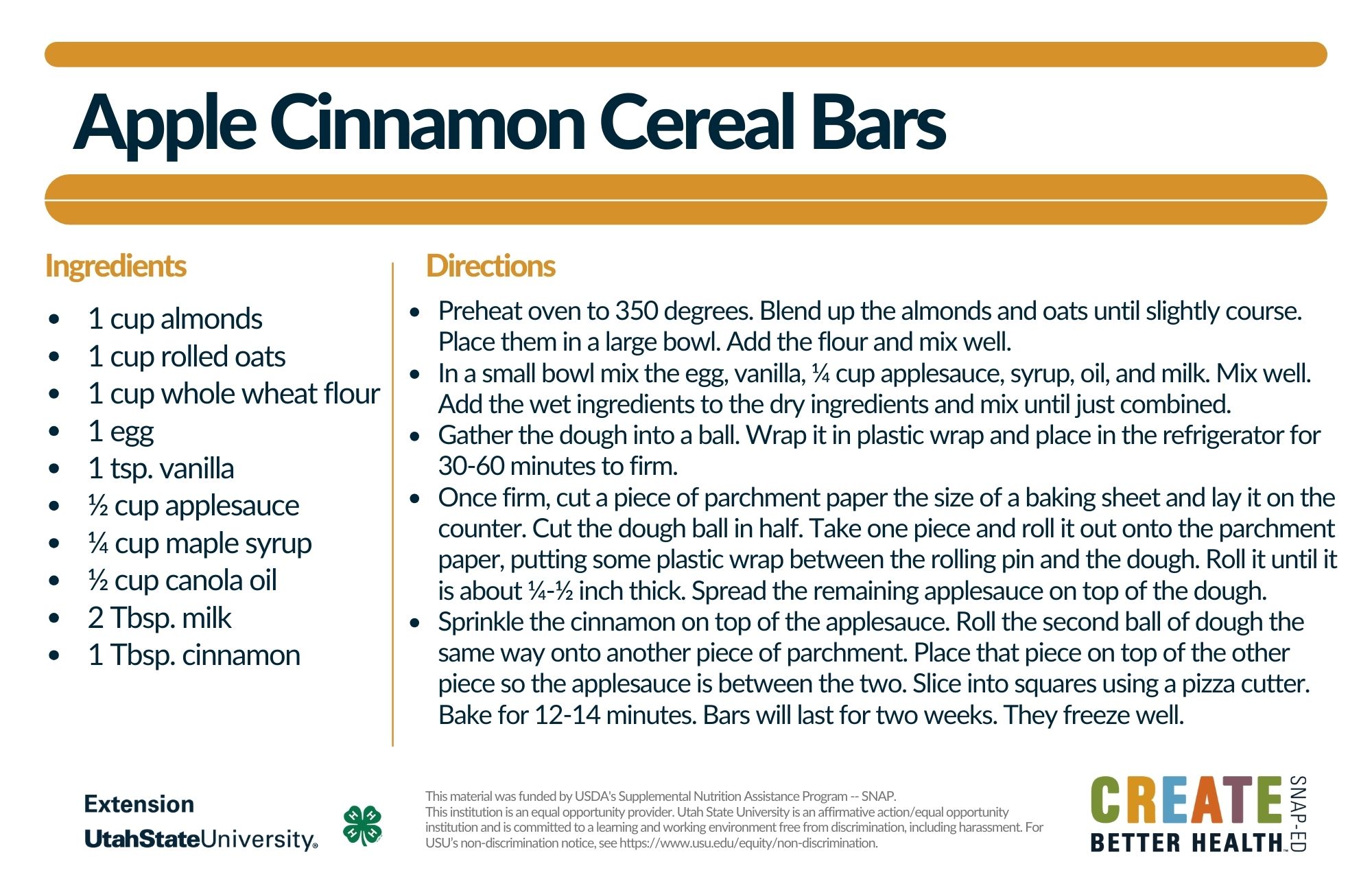 apple cinnamon cereal bar recipe card 