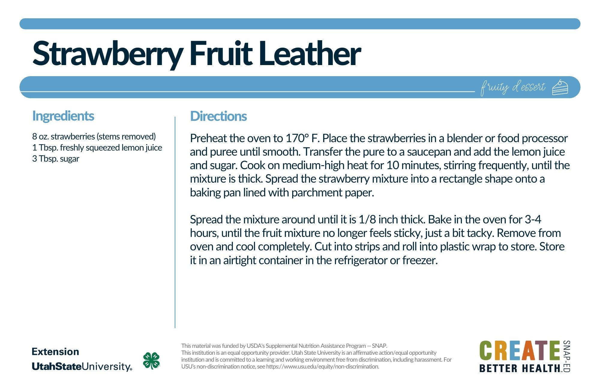 strawberry fruit leather recipe card 