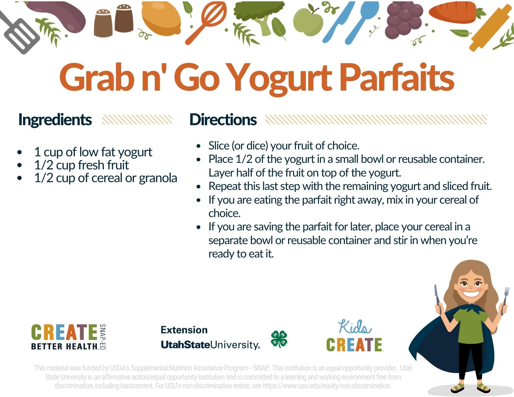 recipe card for grab n go yogurt parfaits