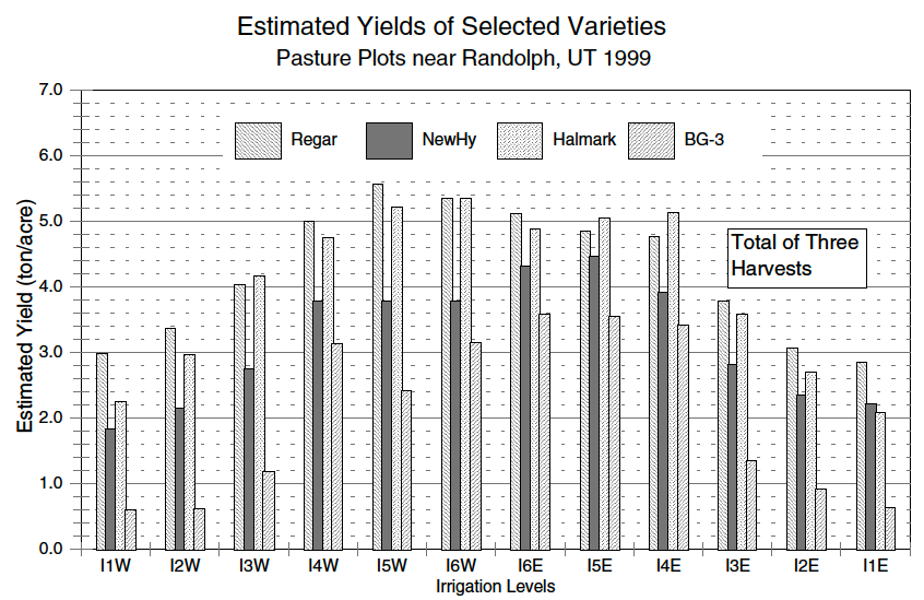 Estimated season total dry matter yields of grass varieties at varying irrigation levels.