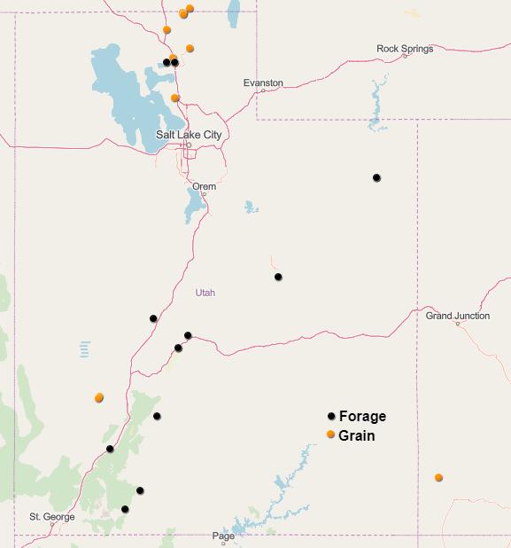 Location of 12 forage and 18 small grain nitrogen trials during 2018 and 2019.