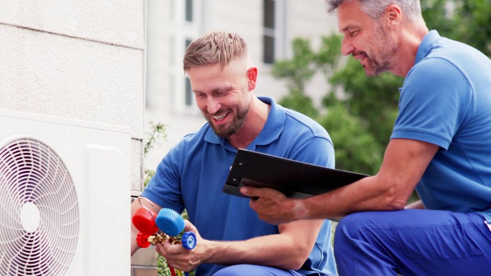 Two men inspecting an outdoor air conditiontion unit.