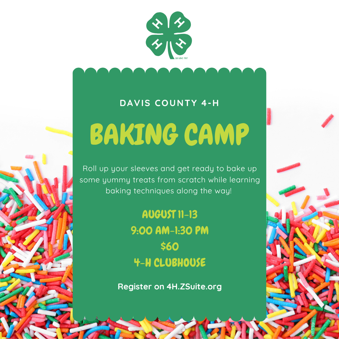 Davis County 4-H Baking Camp. Roll up your sleeves and get ready to bake up some yummy treats from scratch while learning baking techniques along the way! August 11-13, 9:00 am- 1:30 pm, $60, 4-h clubhouse, register on 4h.zsuite.org