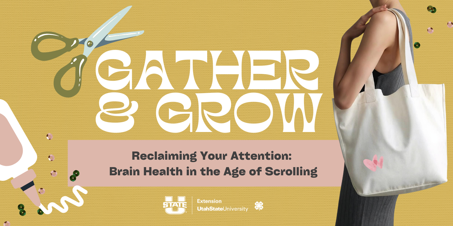 A graphic with text overlay with the event title. Mustard yellow background and a photo of a woman holding a blank canvas tote bag.