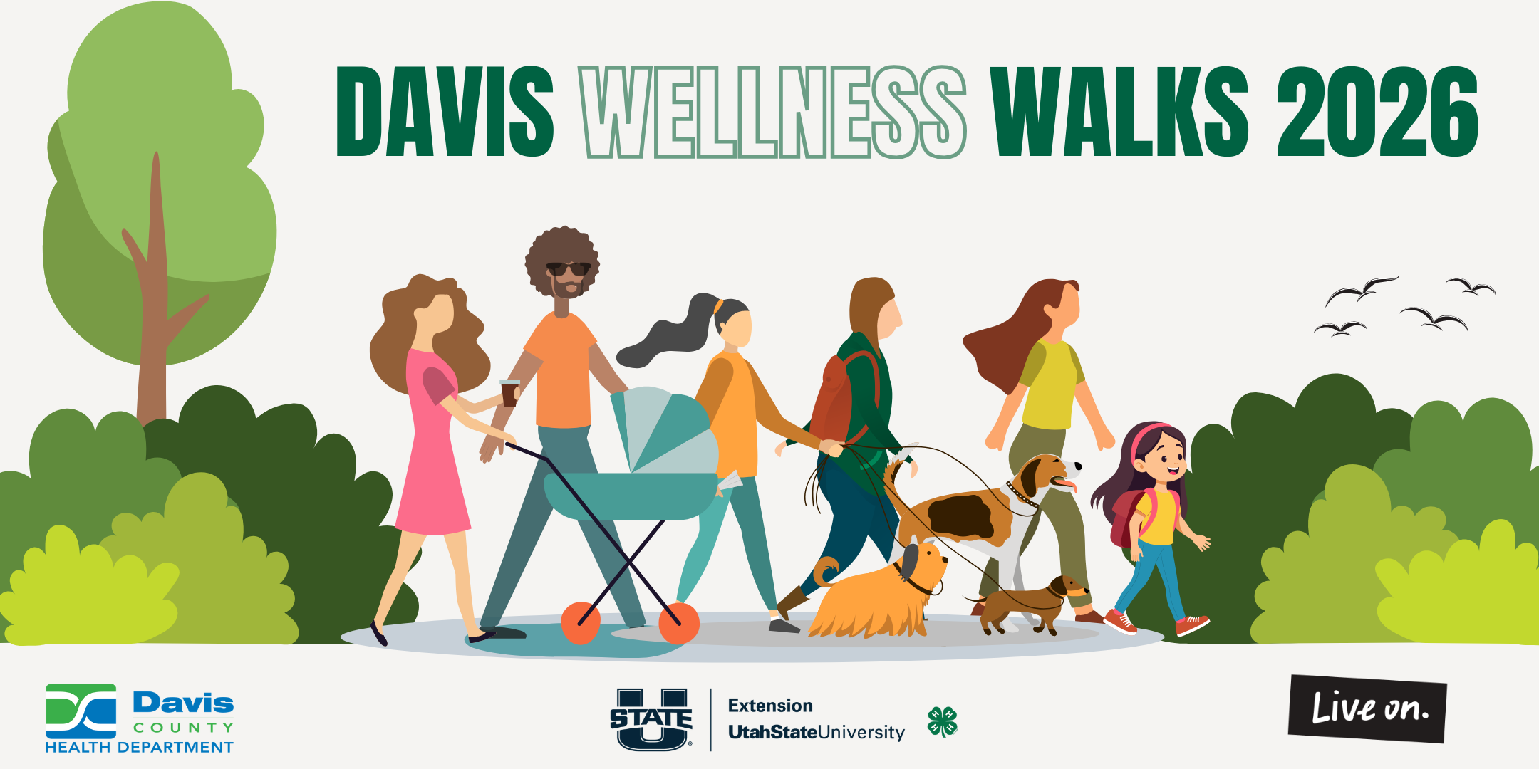 cartoon people going on a group walk with strollers and dogs on leashes