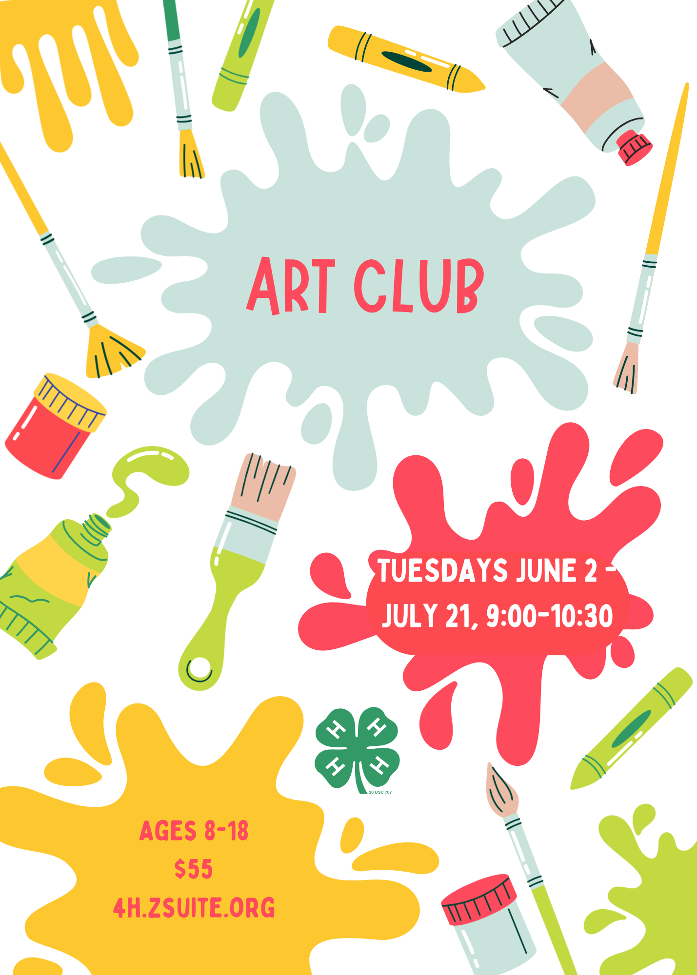 Art Club. Tuesdays June 2-July 21, 9:00-10:30. Ages 8-18, $55, 4h.zsuite.org