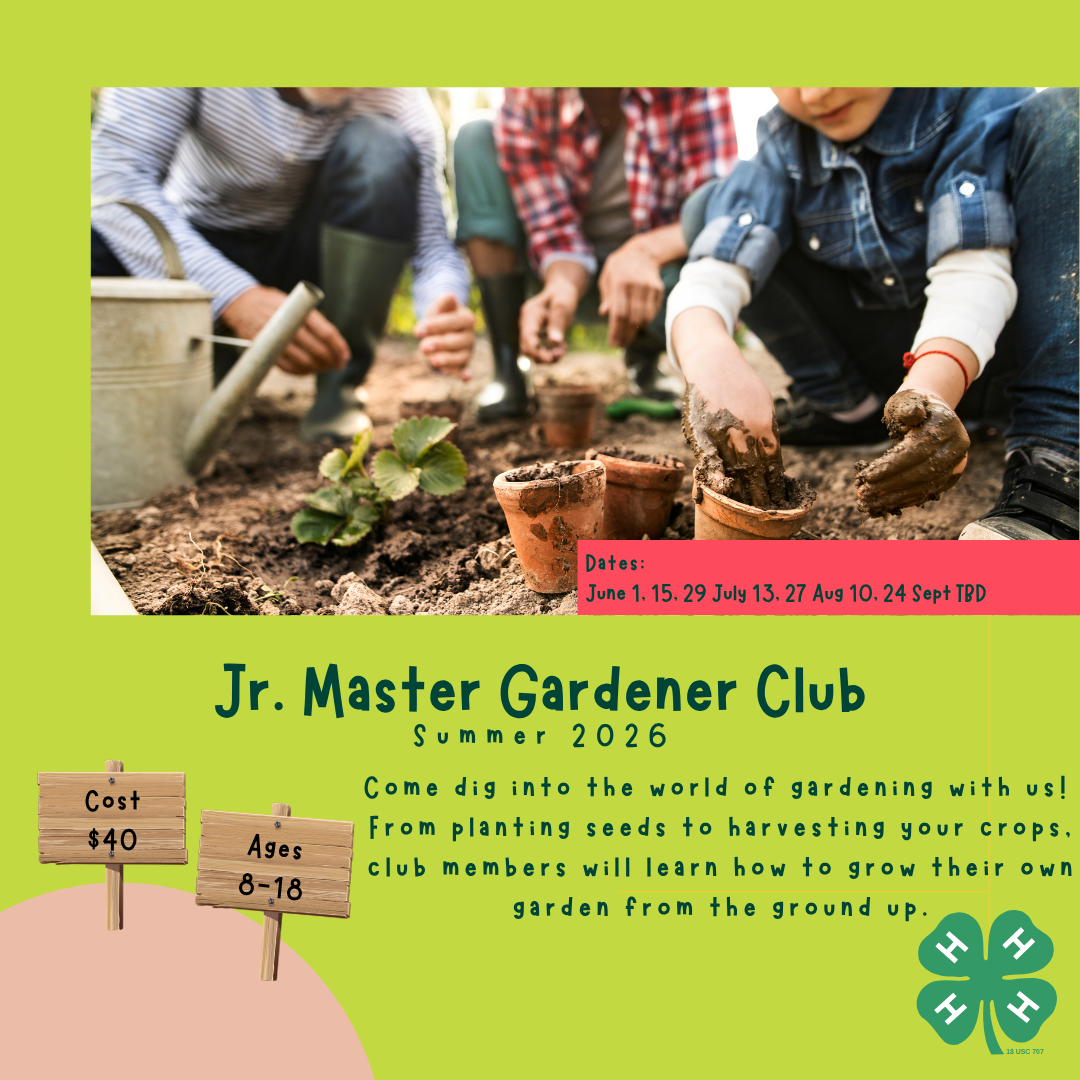 Jr. Master Gardener Club Summer 2026. Dates: June 1, 15, 29, July 13, 27, Aug 10, 24, Sept TBD. Cost $40, Ages 8-18, Come dig into the world of gardening with us!  From planting seeds to harvesting your crops, club members will learn how to grow their own garden from the ground up.
