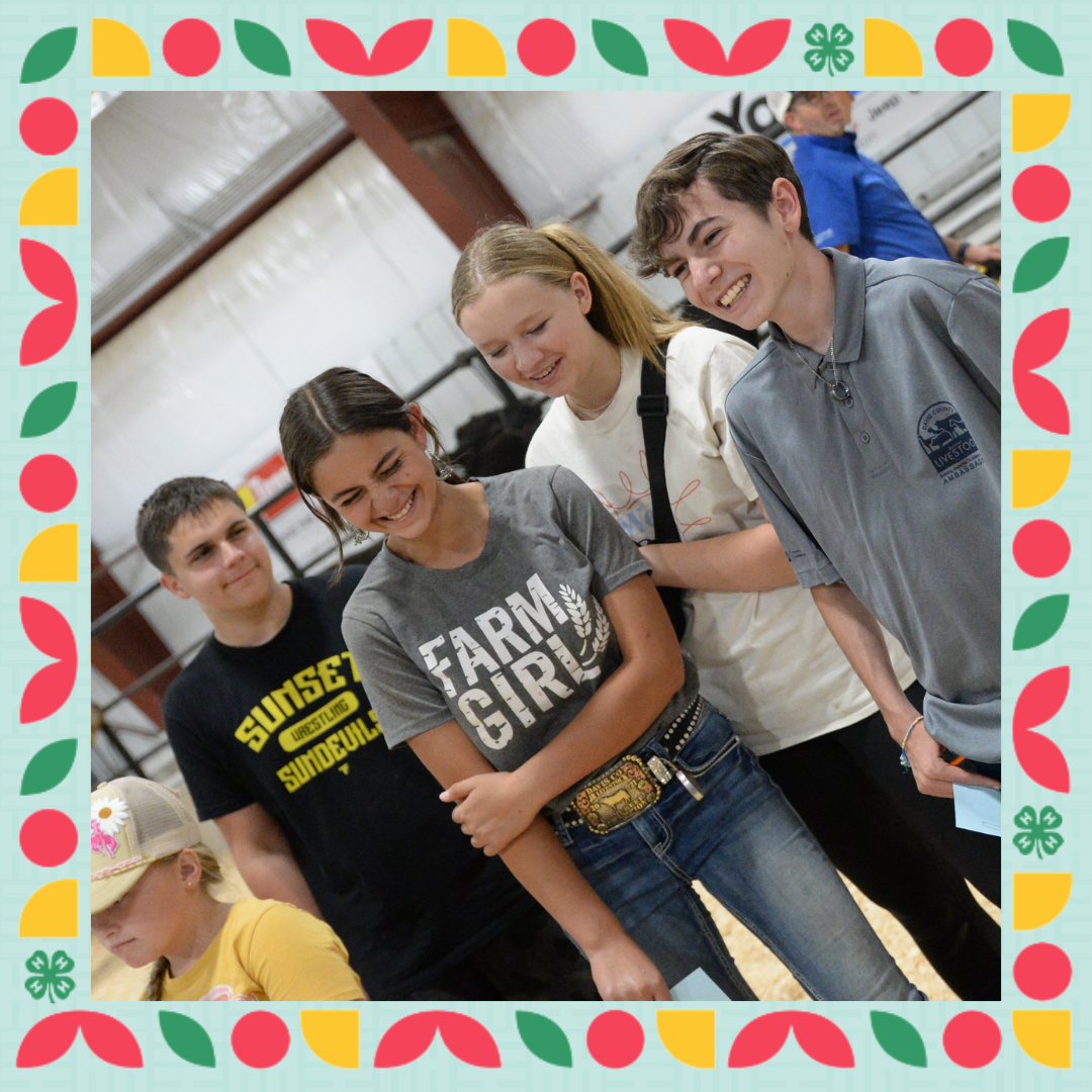 A teen boy, 2 girls, and another boy stand shoulder to shoulder in a horse arena