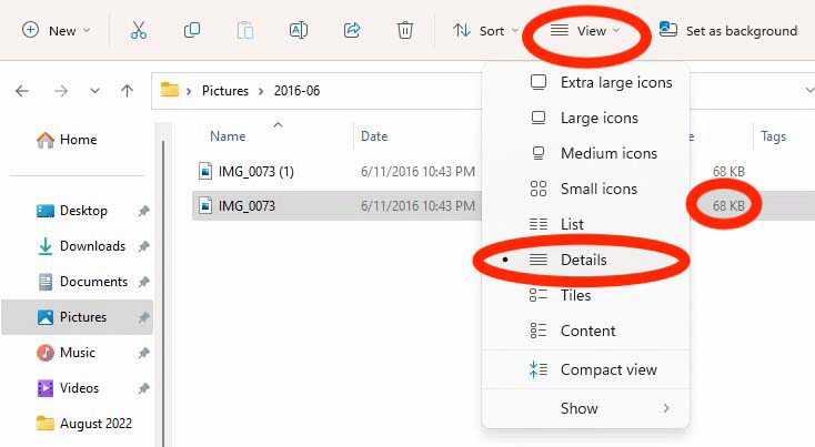 Screenshot of Windows File Explorer with View menu and file size circled