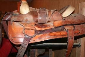 Double-rigged saddle with both front and rear girths. Attachment is directly to the tree.