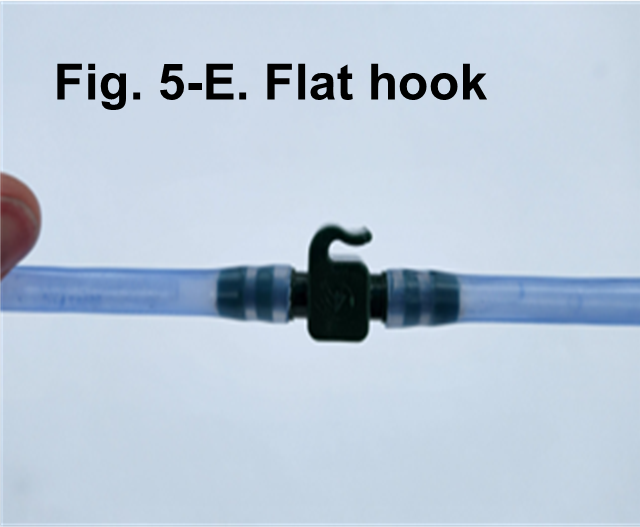Two tubes connected straight across. Text reads "Fig. 5-E. Flat hook connector"