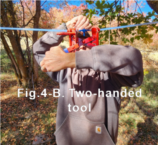 A person uses a two-handed tool on a tube at face level. Text reads "Fig. 4-B. Two-handed tool."
