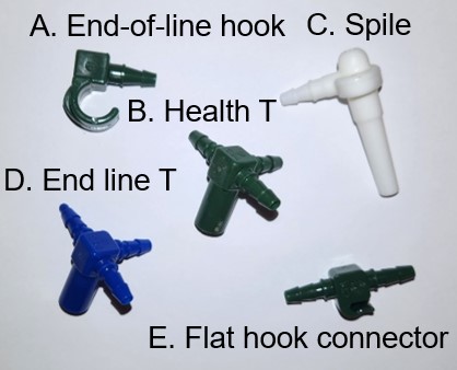 Several hooks, connectors, and tube parts in different shapes and colors. Text reads: "A. End-of-line hook; B. Health T; C. Spile; D. End line T; E. Flat hook connector.
