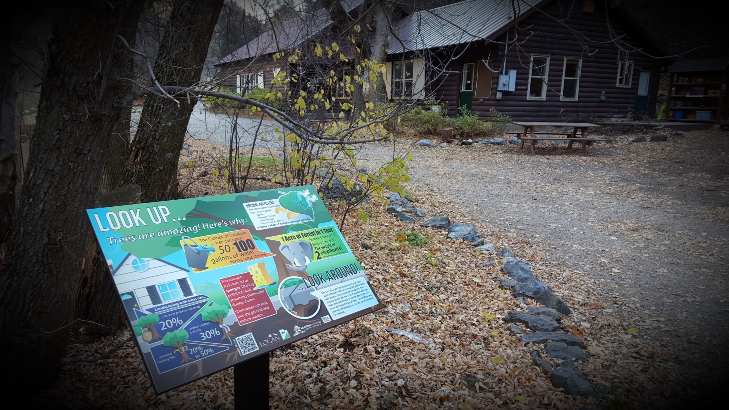 Interpretive sign with cabin in background