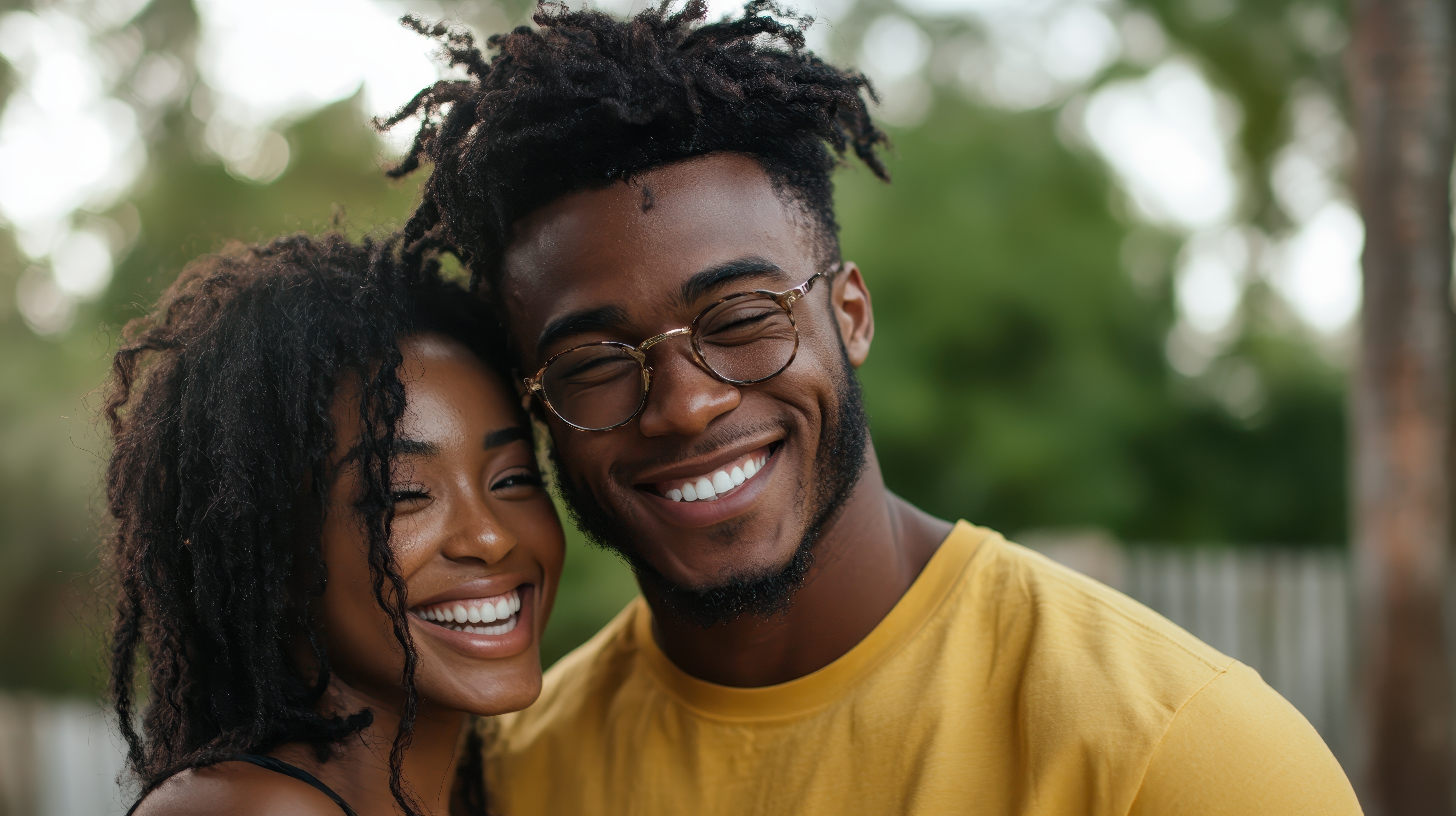 couple smiling with their eyes closed, holding each other to the side