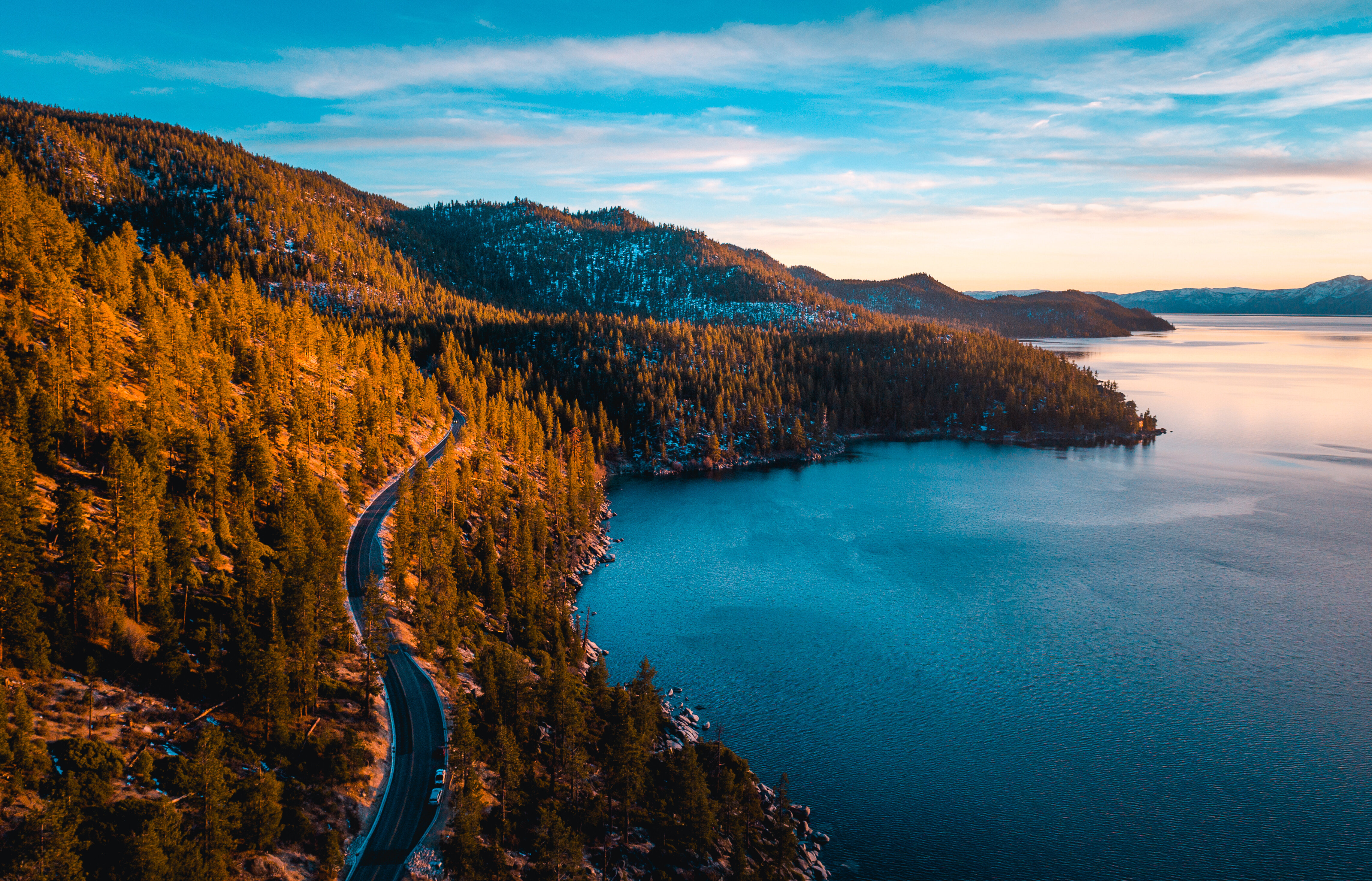 aerial view of Lake tahoe during winter and sunset