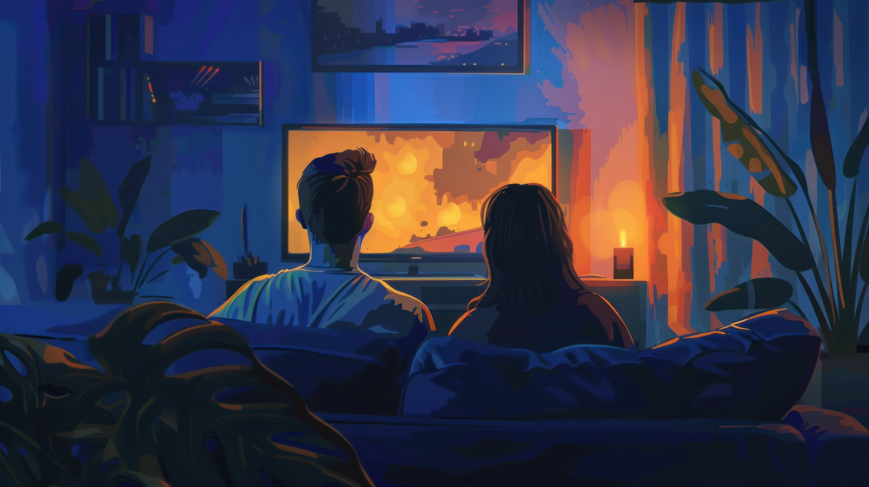 illustration showing a couple sitting on a couch together watching TV