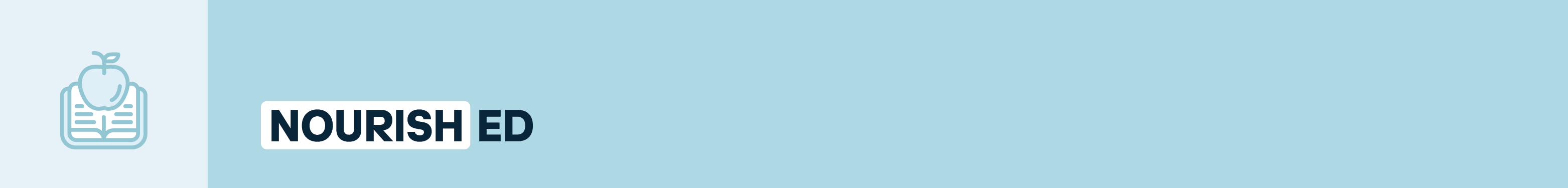 Text reads Nourish Ed with a blue background and the graphic of an apple on an open book