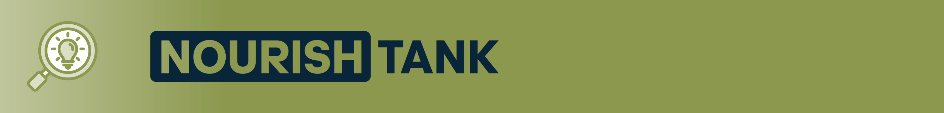 Text reads NourishTank with an olive green background and a graphic of a magnifying glass over a lightbulb