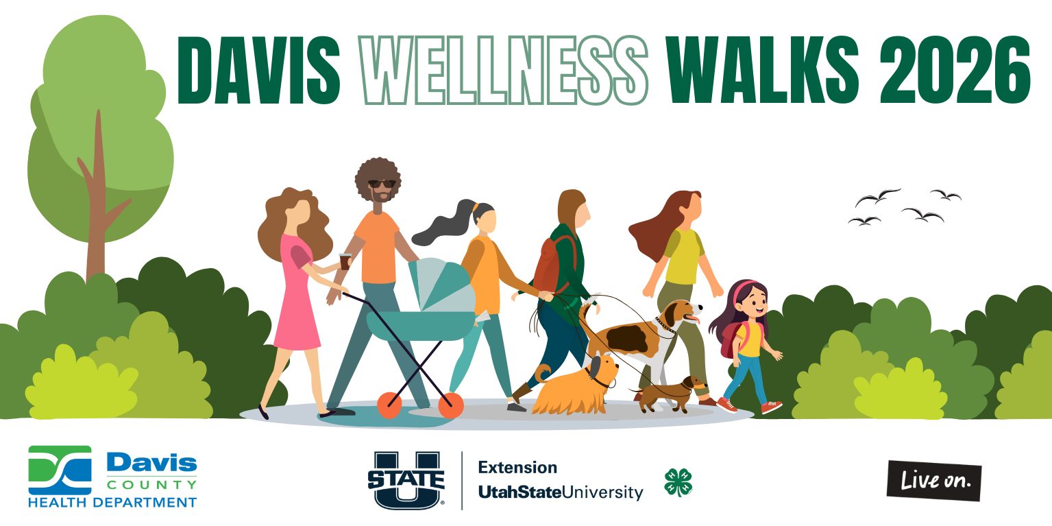 Banner graphic titled ‘Davis Wellness Walks 2026.’ Illustration shows a diverse group of people walking together outdoors, including adults and a child, one person pushing a stroller, and several dogs on leashes. Trees, bushes, and birds appear in the background, suggesting a park setting. Logos for Davis County Health Department, Utah State University Extension, and 4-H are displayed along the bottom, along with the phrase ‘Live on.’