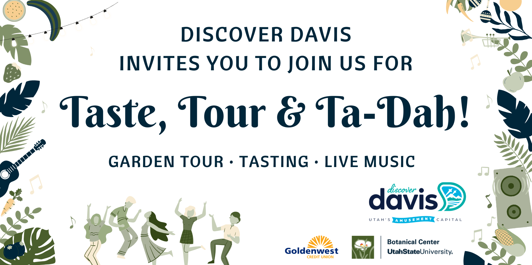 Decorative event graphic with a white background and botanical illustrations of leaves, plants, and small animals. Bold text reads "Taste Tour & Ta-Dah!" with smaller text below listing "Garden Tour · Tasting · Live Music."
