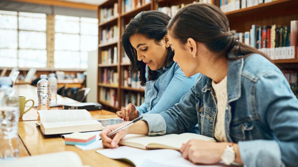 A women and a girl at a library.