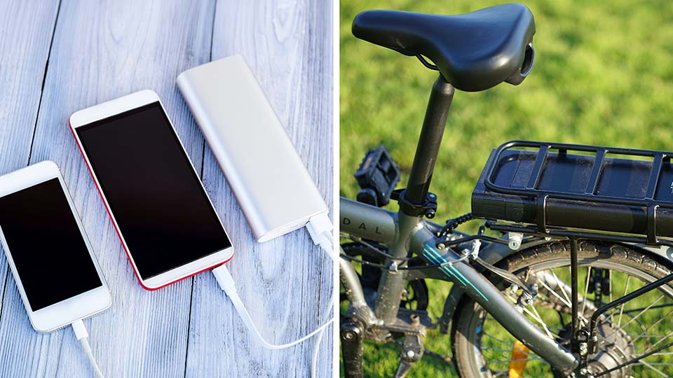 collage of cell phones with charging cords and charging blocks and an ebike battery