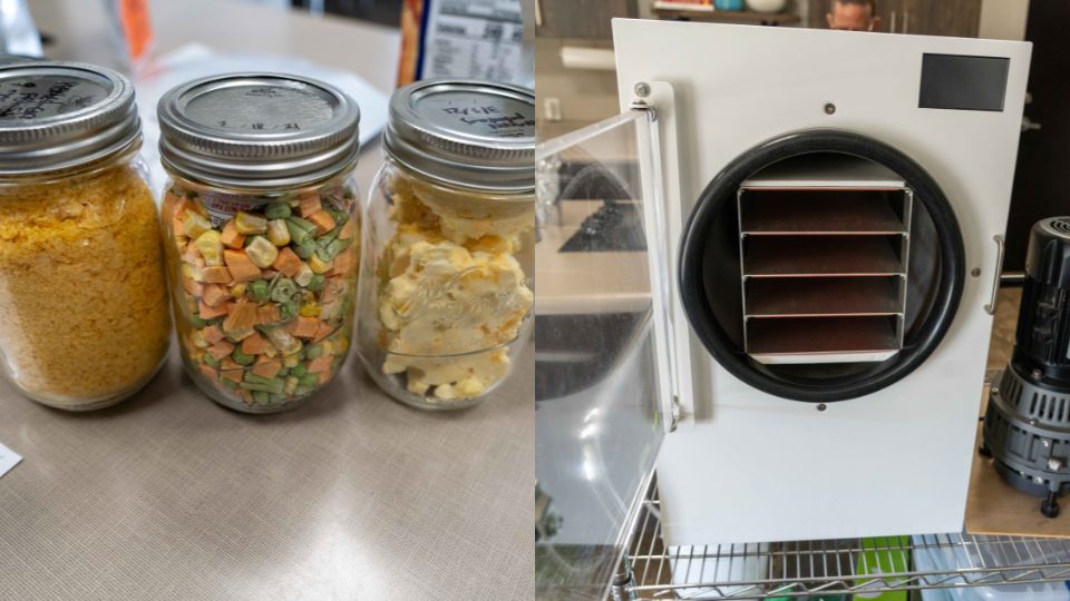 An image of a freeze drier machine and another of three bottles of freeze dried foods.