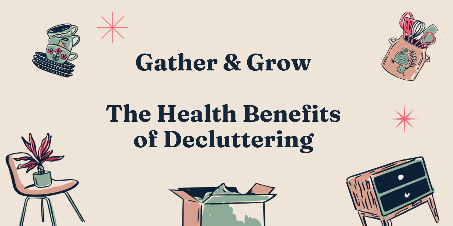 Event graphic on a warm cream background with Utah State University Extension and 4-H logos at the top. Text reads "Gather & Grow: The Health Benefits of Decluttering" with "Craft: beaded keychain" below. Illustrated household items are scattered around the design, including stacked mugs and dishes, a dresser, a potted plant on a chair, a crock of kitchen utensils, and an open cardboard box. Pink starburst accents appear in the corners.