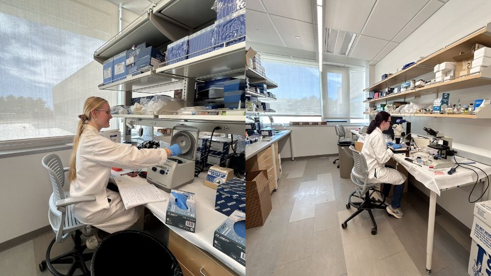 2 images of women in a lab working with equipment.